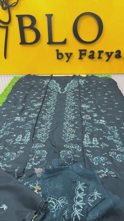 Qalamkar viscose 3piece Teal Blue
