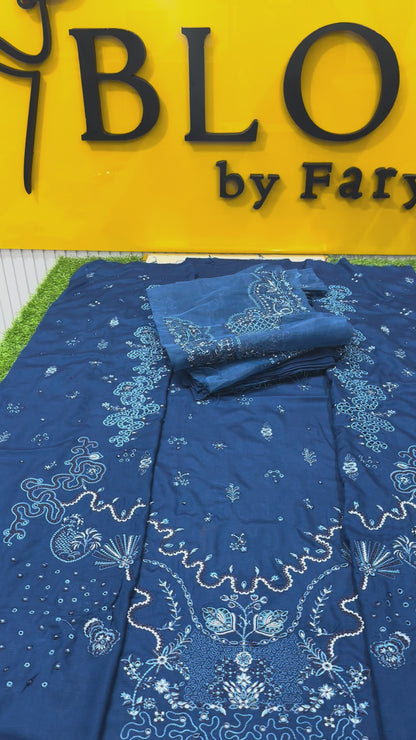 Qalamkar viscose 3piece blue