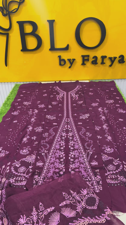 Qalamkar viscose 3piece plum